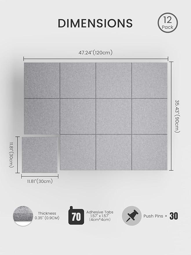 Bumusty Large Cork Board 48" x 36" Alternative - 12 Pack Felt Wall Tiles with 70 Safe Removable Adhesive Tabs, 30 Pushpins, Cork Boards for Walls Pin Board Bulletin Board Office Decor (Soft Gray)