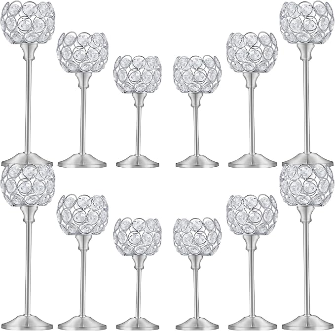 Crystal Metal Tealight Candlestick, Bling Bowl Candelabras, Tall Crystal Candle Holders Elegant Candle Centerpiece for Dining Table Wedding Home Mantel Decor(Silver, 4Sets(12 Pcs))