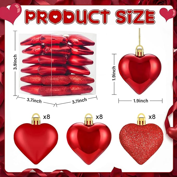 XmasExp Heart Ornaments for Christmas Tree Decorations Set of 24 Heart Shaped Bauble Perfect for Valentine's Day Wedding Anniversaries and Party Supplies (Dark Red)