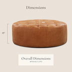POLY & BARK Ascot Ottoman – 40" Round Pouf with Feather-Down Topper – Full-Grain Leather Upholstered Pouf Ottoman for Living Room – Vintage Italian Leather in Cognac Tan