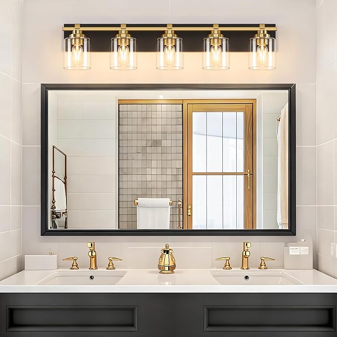 5 Light Modern Bathroom Light Fixtures Over Mirror, Black Gold Vanity Lights for Bathroom Wall Sconces with Clear Glass Shades, E26 Socket (Bulbs Not Included)