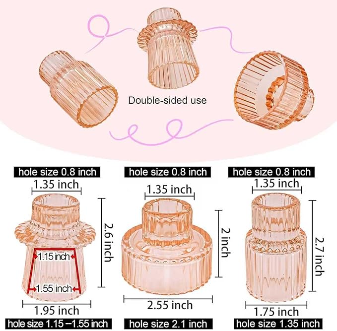 Double Sided Vintage Ribbed Taper Glass Candle Holders,Tea Candle Holder for Table Centerpieces, Wedding Decorations and Dinner Parties (Orange Pink, 6 PCS)