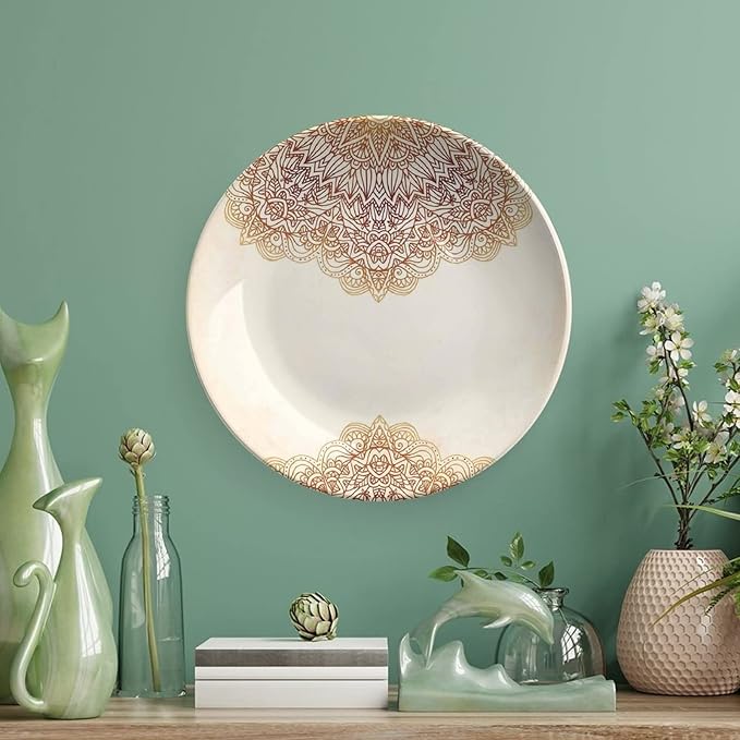 XISUNYA 6 Inch Decorative Plate, Victorian Round Porcelain, Artistic Oriental Vintage Henna Style Mandala Print Ceramic Wall Hanging for Home & Office Wall Hanging Decor, Beige