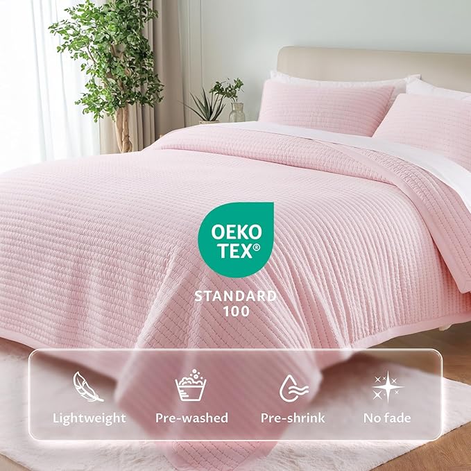 KASENTEX King XL Quilt Set 108"x98" – Soft Washed 3-Layer Lightweight Bedspread, Minimalist Nordic Design, All-Season Spring & Summer Quilt Set (1 Quilt + 2 Pillow Shams), Pink
