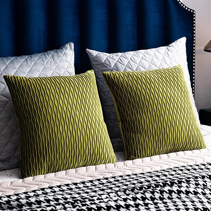 22x22 Moss Green Throw Pillow Cases: 2 Pack Original Striped Velvet Square Decorative Pillow Covers for Farmhouse Couch
