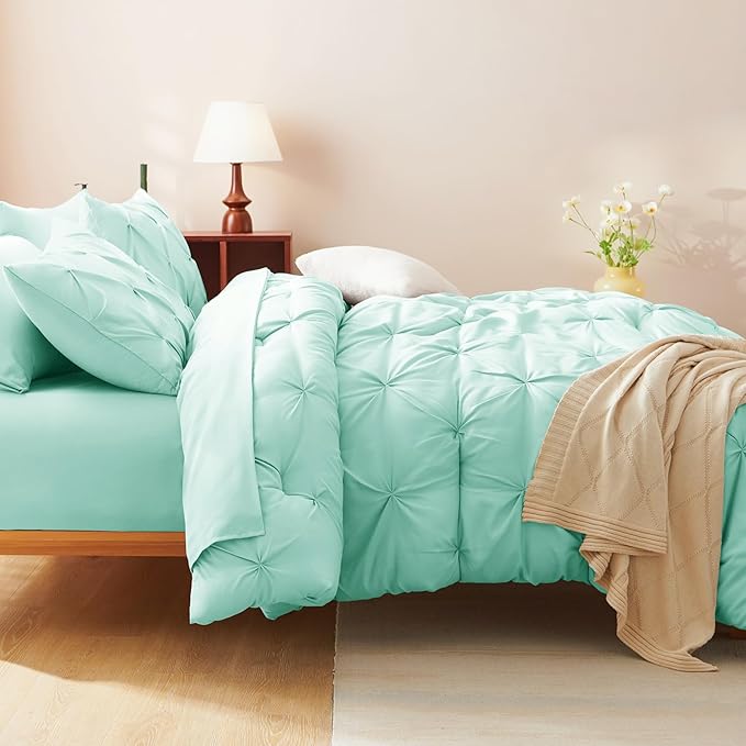 CozyLux Queen Comforter Set Mint Green, 7 Pieces Pintuck Bed in A Bag, Premium Green Comforter Queen Size, Pinch Pleat Bedding Sets with Comforter, Flat Sheet, Fitted Sheet, Pillowcases & Shams