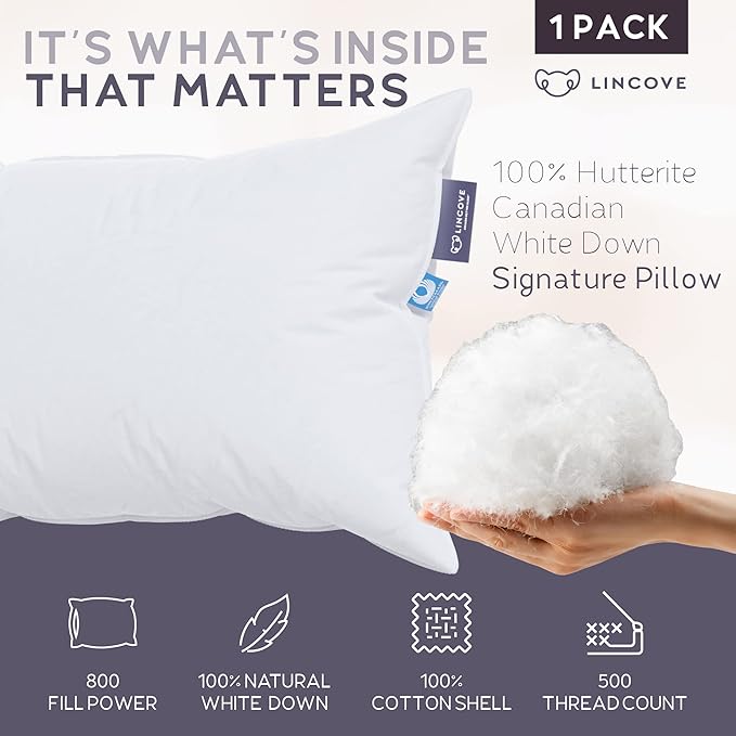 Lincove Signature 100% Natural Canadian White Down Pillow - Luxury Sleeping Pillow for Back, Stomach & Side Sleepers - 800 Fill Power Bed Pillow, 500 Thread Count, Made in Canada, King - Soft, 1 Pack