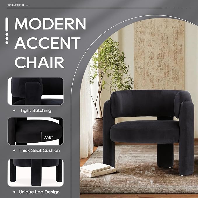 COLAMY Modern Accent Chair Set of 2, Velvet Accent Chairs, Upholstered Barrel Chairs with Solid Wood Legs, Comfy Side Chair for Living Room, Bedroom, Reading, Cozy Reading Chair,Black