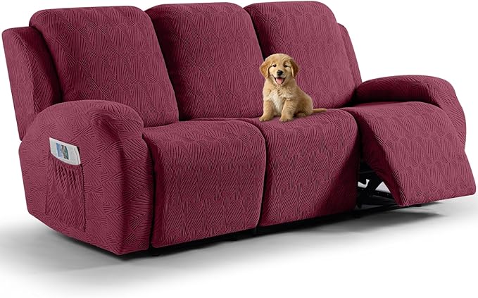 VANSOFY Recliner Couch Cover, 8-Pieces Stretch Recliner Sofa Cover Soft Jacquard Reclining Slipcover Furniture Protector with Elastic Bottom for Kid, Pets(3 Seat,Wine)