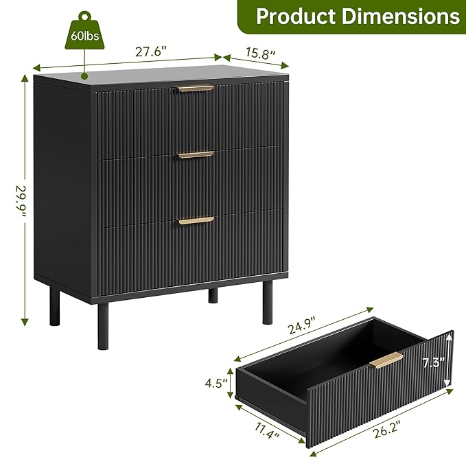 GarveeHome Black Fluted 3 Drawers Dresser, Wide Wood Chest of Drawers, Modern Storage Dresser Chest of Drawers Organizer with Metal Legs and Anti-Tipping Device for Bedroom Living Room