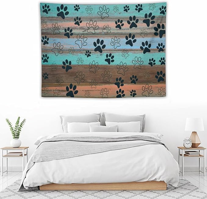 VUMIVI Dog Paw Print Tapestry Rustic Farmhouse Vintage Wood Paneling Home Decor Tapestry Wall Hanging for Living Room Bedroom Dorm Classroom Aesthetic Decor W40xL30in
