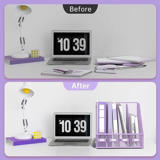 SUPEASY Magazine File Holder Desk Organizer, Metal Binder Holder with 4 Vertical Compartments for Office Home School, Purple