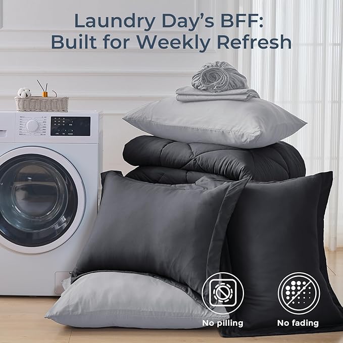 HEVUMYI Full Comforter Set - 7-Piece All Season Bed in a Bag Full, Ultra Soft Bedding Set with Comforter, Flat Sheet, Fitted Sheet, Pillowcases, Pillow Shams, Dark Grey & Light Grey