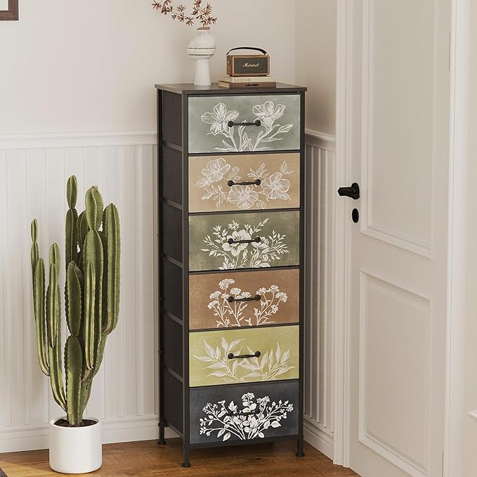 Tohomeor Vintage Dresser Vertical Nightstand with Neutral Botanical Plant Fabric Chest Drawers for Closet Bathroom Storage Tower Unit Bed Side Organizer Farmhouse Rustic (Multi, 6 Drawers)