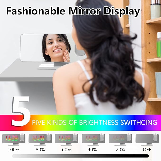 Projection Alarm Clock for Bedroom Ceiling, 180° Rotatable Projector 7.4” Mirror RGB Digital LED Display 12/24H, 5 Level Brightness Dimmer, Dual Alarm Clock (White)
