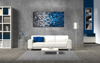 MyArton Large Abstract Dark Blue and Silver Painting Pictures Modern 3D Textured Squares Wall Art on Canvas for Home and Office Decoration Framed Ready to Hang 60x30inch