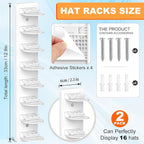 2 Pack Hat Organizer for Baseball Caps, Hat Rack for Wall Hold Up 16 Hats, Strong Adhesive & Screw-in Cap Holder hat hangers for Closet Door & Bedroom (White-2Pcak)