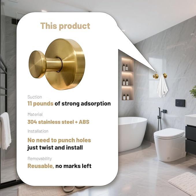 4Pcs New Model No-Drill Suction Cup Hooks for Door Wreaths, Wreath Hangers for Front Door, Suction Cup Hooks for Shower, Removable, Waterproof & Rustproof (Gold)
