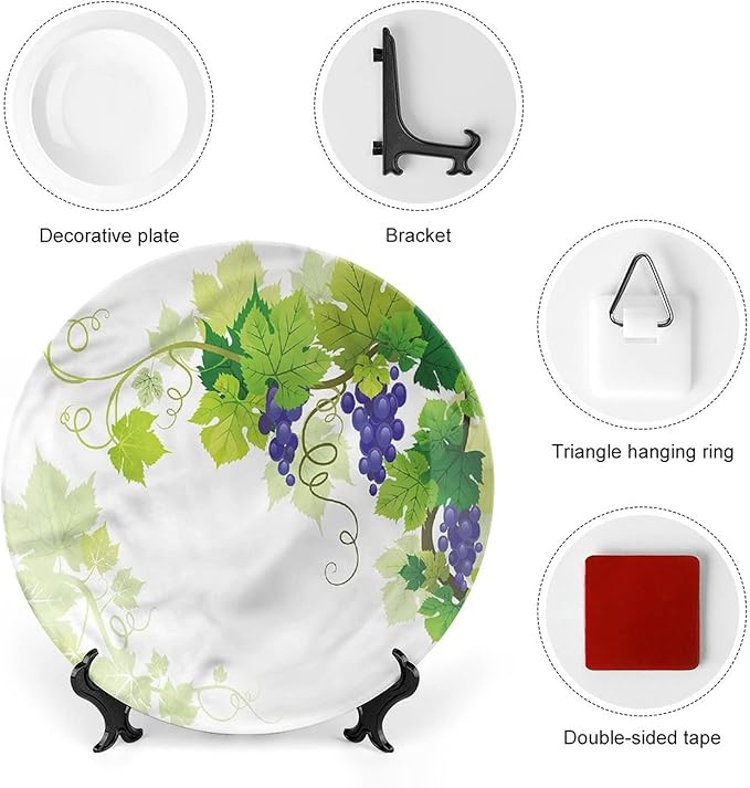 XISUNYA 8 Inch Decorative Plate, Vine Ceramic Stoneware, Grapes with Fresh Foliage Print Ceramic Wall Hanging for Fine Dining Upscale Events, Dinner Parties, Weddings, Catering, Muticolor