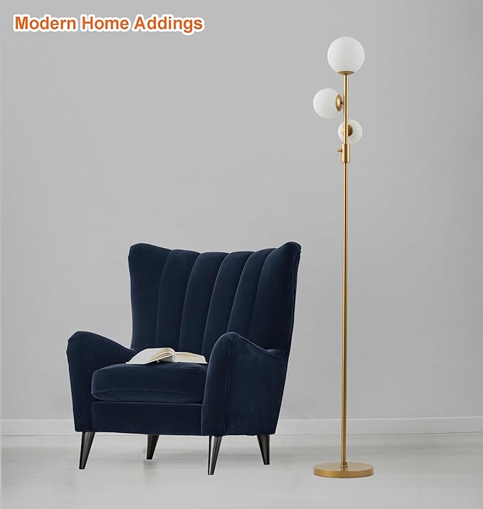 Fiqevs Upgrade Dimmable Floor Lamp, 3 Globe Mid Century Floor Lamps for Living Room with Frosted Glass Shade and 3 LED Bulbs, Vintage Modern Gold Standing Lamp for Bedrooms, Office - Antique Brass