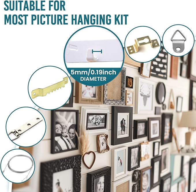 TAILI Picture Hangers 8 Pack, Adhesive Picture Hanging Hooks Without Nails, No Damage Sawtooth Hangers, Art Hanger Hooks for Bathroom Kitchen Home Door Closet, Inclue 2 Extra Strips