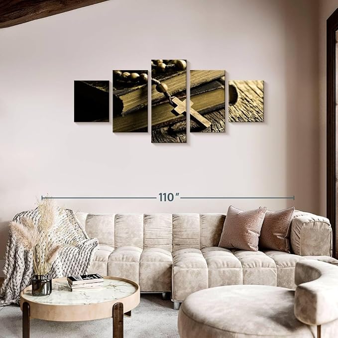 Elephant Stock Bible And Cross Wall Art Multi Piece Canvas - 5 Panel Christian Pictures Decor - Digital Design Canvas Print - Christian Wall Decor - 80" X 36"