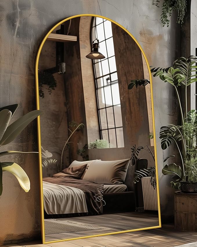 Antok Full Length Mirror, 76"x44" Floor Mirror, Arched Floor Standing Freestanding Arch Full Body Mirrors with Stand for Bedroom, Hanging Mounted for Living Room Cloakroom,Gold