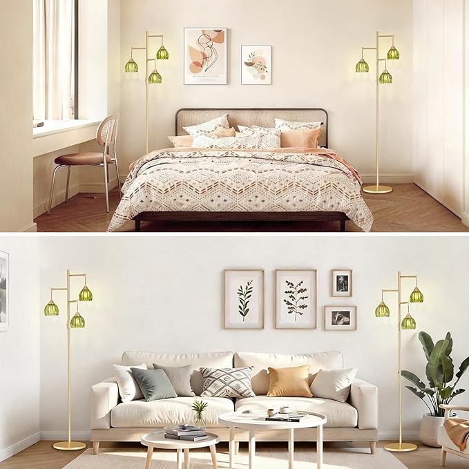 Dimmable Floor Lamp for Living Room, Bedroom, Gold Standing Lamp with 3pcs 6W Bulbs, Vintage Brass Floor Lamps for Corner, Nursery (Green Tulip)