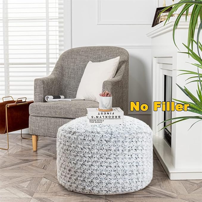 Asuprui Grey Pouf Ottoman Unstuffed Foot Rest 20x20x12 Inches Round Ottoman Pouf NO Filler Floor Poof Bean Bag Chair Foldable Floor Chair Storage for Living Room Bedroom Light Grey Cover ONLY