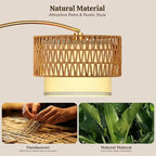 Gold Floor Lamps for Living Room, Arc Floor Lamp with Remote & Dimmable Bulb, Boho Standing lamp with 3 Color Temperatures, Adjustable Rattan & Fabric Shades Tall Lamp, Over Couch Reading Lamp