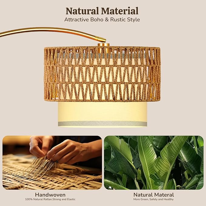 Gold Floor Lamps for Living Room, Arc Floor Lamp with Remote & Dimmable Bulb, Boho Standing lamp with 3 Color Temperatures, Adjustable Rattan & Fabric Shades Tall Lamp, Over Couch Reading Lamp