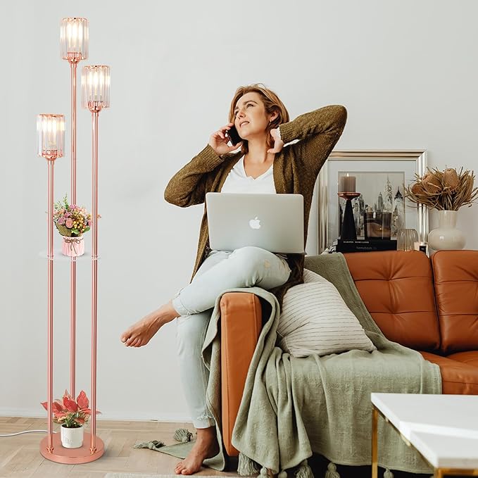 HMVPL Pink Floor Lamp for Living Room, Crystal Floor Lamp with Shelves, Girls Standing Lamp with Table, Modern Corner Lamp with On/Off Switch, Unique Tall Lamp for Bedroom Nursery Office