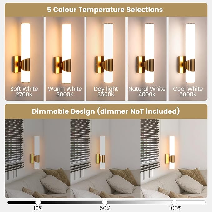Gold Wall Sconces Set of Two 15 Inch Modern Bathroom Sconce with Acrylic Shades LED Hardwired Sconces Wall Lighting Fixtures for Living Room Bedroom Hallway, 2 Pack