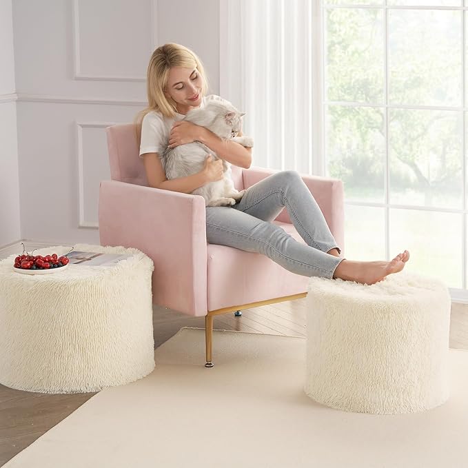 Hansleep Round Pouf Ottoman Foot Rest, 20 x 15 Small Faux Fur Stuffed Pouf for Chair, Foam Filled Foot Stools Ottomans for Living Room, Beige
