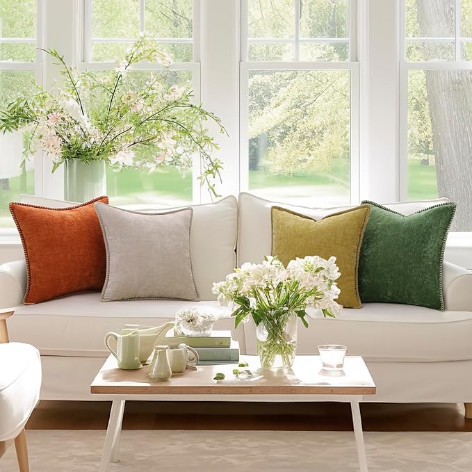 decorUhome Spring Chenille Soft Cozy Throw Pillow Covers 24x24 Set of 2, Modern Farmhouse Boho Velvet Decorative Euro Sham Pillow Cases with Stitched Edge for Couch Sofa Bed Home Decor, Mineral Yellow