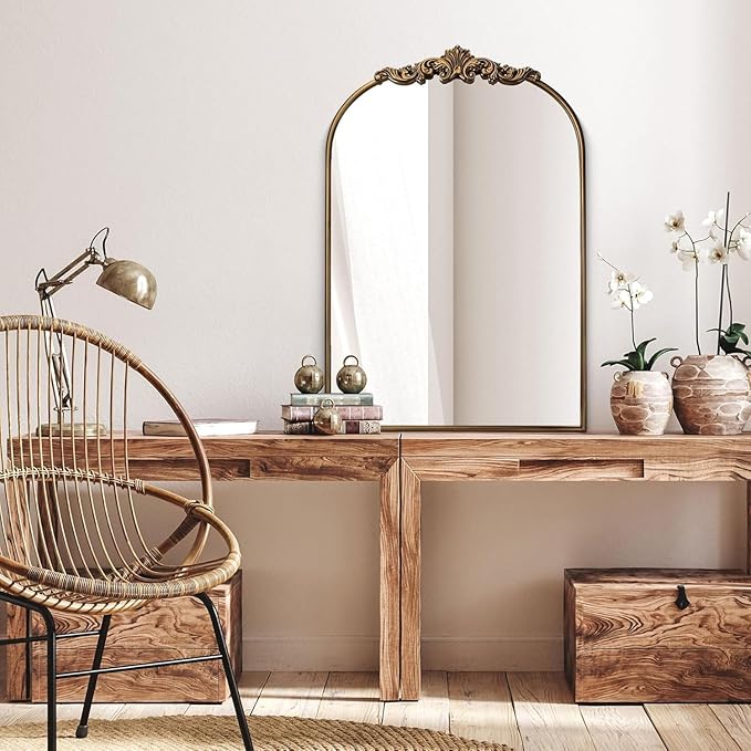 Vintage Baroque Gold Arched Mirror 24" x 36", Ornate Antique Wall Mirror with Metal Frame, Elegant Decorative for Entryway, Living Room, Bedroom, Hallway, or Bathroom Décor