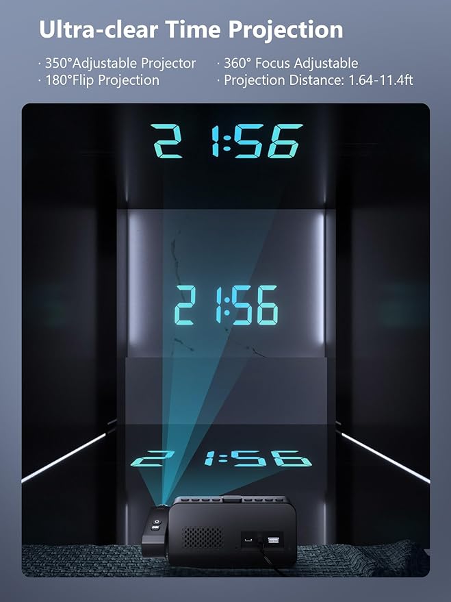 Projection Alarm Clock for Bedroom, Alarm Clock with 350° Rotatable Projector, 5 Brightness, Dual Alarm with Weekday/Weekend Mode, Temp & Humidity, Snooze, Bedside Alarm Clock for Heavy Sleepers(Blue)