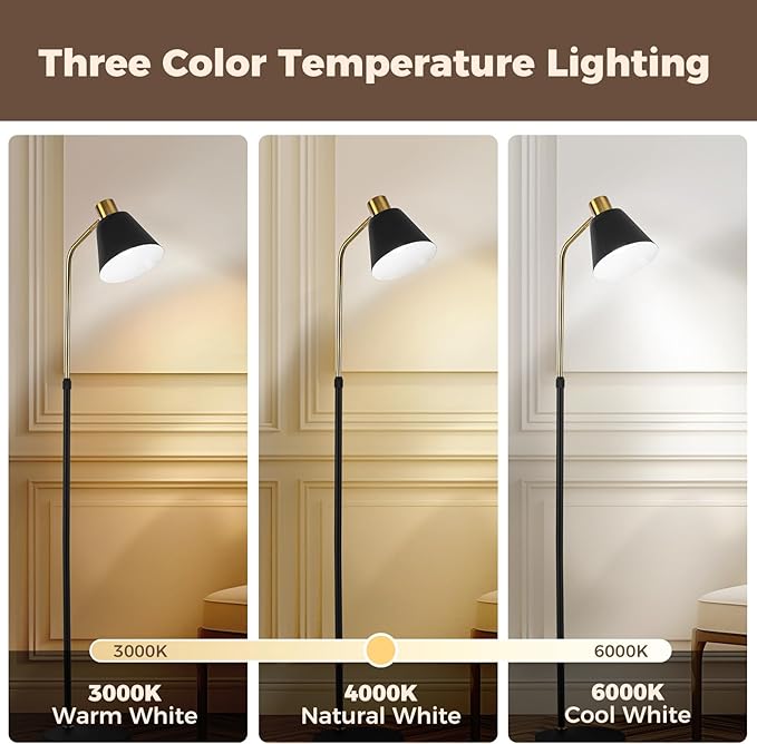 Black Gold Modern Reading Lamps Floor Standing, 12W Dimmable LED Vintage Floor Lamps for Bedroom, Adjustable Heights Antique Industrial Tall Floor Lamp, for Reading Lash Home Corner Living Room