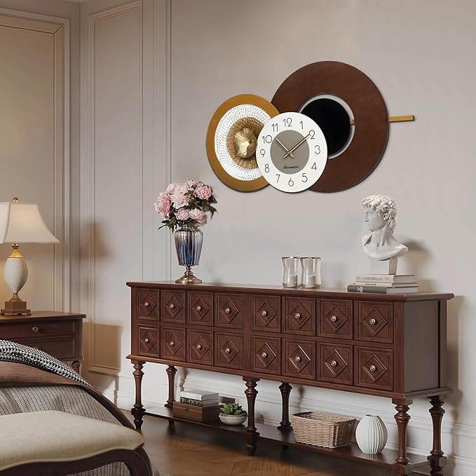 37.8x23 Inch Large Mid-Century Modern Wall Clock, Oversized Wood and Metal Frame Brown Decorative Clock for Living Room, Kitchen, Bedroom, Office