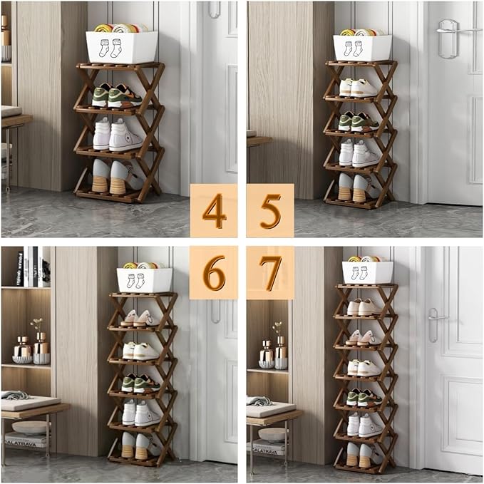 Foldable Shoe Rack, Bamboo Vertical Shoe Organizer Tall for Small Spaces. Multifunctional Narrow Shoe Shelf for Entryway, Closet, Corner, Bedroom, Hallway, Brown Color 4 Layers