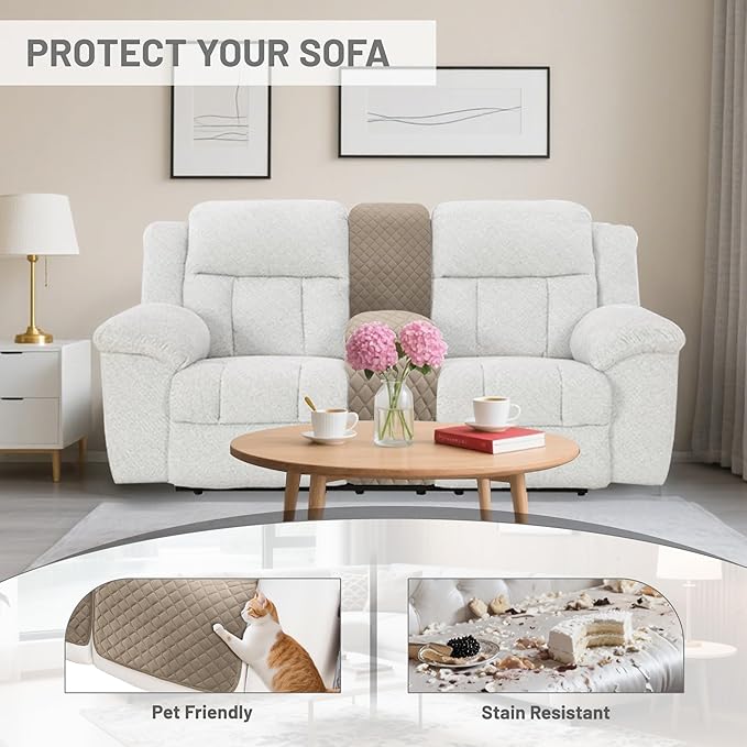 Reclining Sectional Couch Covers Velvet L Shape Recliner Sofa Middle Console Cover for Dogs Pets Washable Anti Slip 1 Additional Recliner Center Console Slipcovers (1 Console, Khaki)