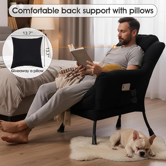 Lazy Chair for Living Room, Large Black Lounge Accent Chair with a Throw Pillow, Leisure Sofa Chair Set, Comfy Reading Chair for Bedroom, Dorm Room, Office
