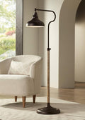 Franklin Iron Works Ferris Industrial Rustic Farmhouse Pharmacy Floor Lamp with USB Charging Port 57" Tall Bronze Faux Wood Grain Adjustable Metal Shade for Living Room Reading Bedroom Office House