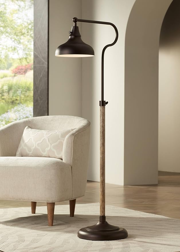 Franklin Iron Works Ferris Industrial Rustic Farmhouse Pharmacy Floor Lamp with USB Charging Port 57" Tall Bronze Faux Wood Grain Adjustable Metal Shade for Living Room Reading Bedroom Office House