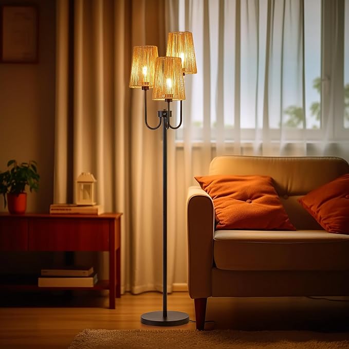 RORIANO Boho Floor Lamp for Living Room, 3-Light Rotary Switch Farmhouse Standing Bedroom Lamp with Rattan Shade, Tall Floor Lamps for Rustic, Coastal, Beach or Bohemian Decor, 3 LED Bulbs Included
