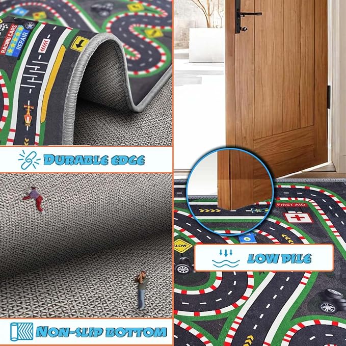 Kids Rug,Children's Room Rug,Road Race Play Rugs, Rail City Living Rugs, Washable Non-Slip Play Mats. (Grey, 39x59in)