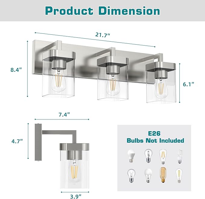 3-Light Bathroom Light Fixtures, Brushed Nickel Vanity Lights for Bathroom, Kitchen, Living Room, Modern Bathroom Vanity Lights with Clear Glass Shades