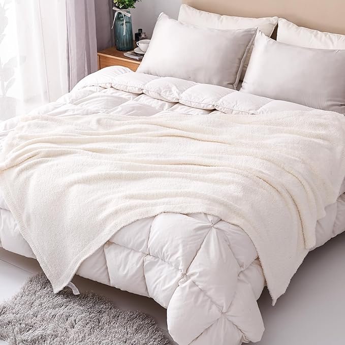 Panku Ultra Soft Cozy Knit Throw Blanket for Couch and Bed, Knitted Luxury Reversible Cozy Warm Fleece Blanket Throw, Plush Fluffy and Fuzzy Blankets for Gift (50x60inch, Cream)