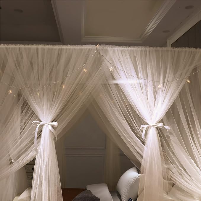 VETHIN 4 Corners Post Princess Bed Canopy Curtain Double Layer Cozy Drape Netting 4 Opening Mosquito Net for Girls & Adults Bedroom Decoration Accessories (Double White, 64" W*82" L*82"*H/(Queen))