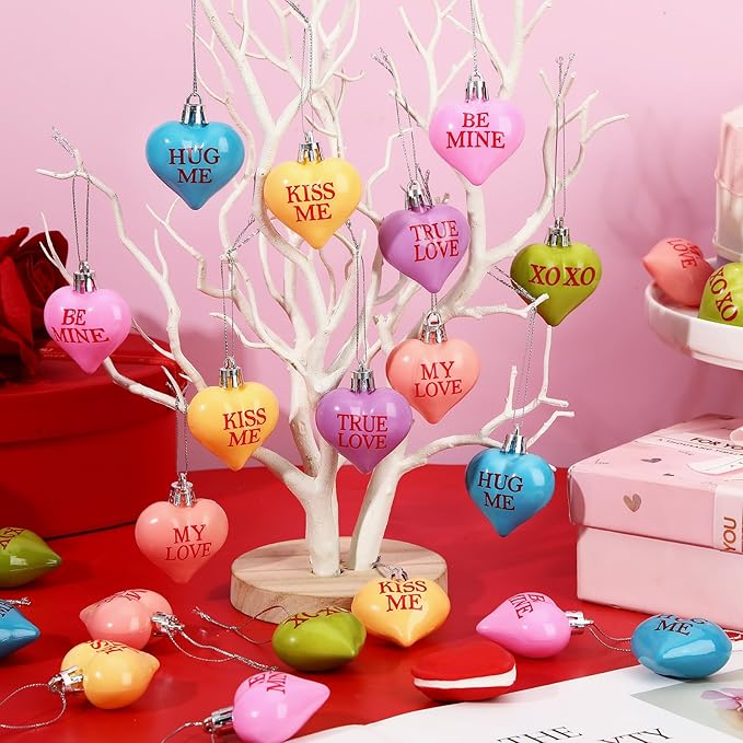 JULMELON Valentine's Day Conversation Hearts Candy Ornaments, 24 Pcs Colorful Heart Decorations for Tree Home Party Holiday Wedding and Party Decoration